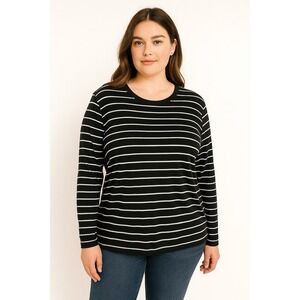 J.O&CO Womens Blouse Top Black White Striped Long  Sleeve‎ Round Neck Nautical